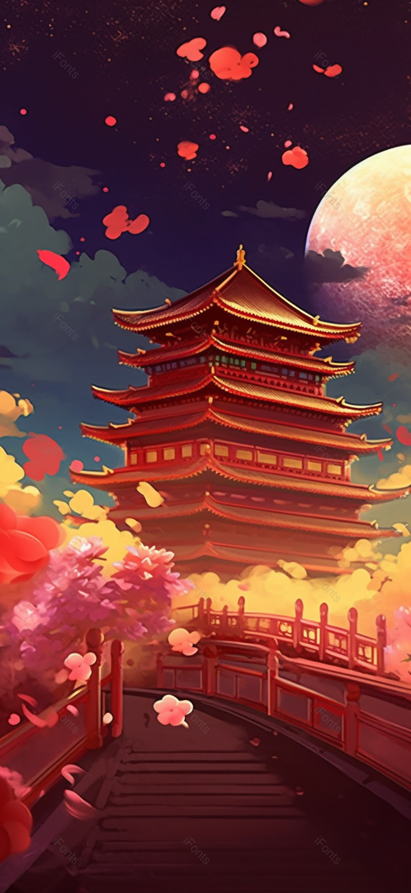 国潮风明月亭台楼阁建筑祥云背景插画手绘图,插画/手绘图,插画/手绘图库,插画/手绘图下载,插画/手绘